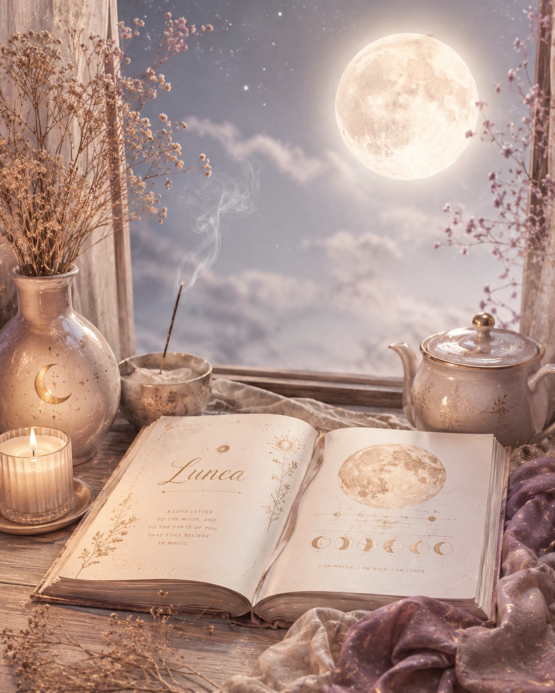 Libro abierto, incienso y velas bajo una luna luminosa